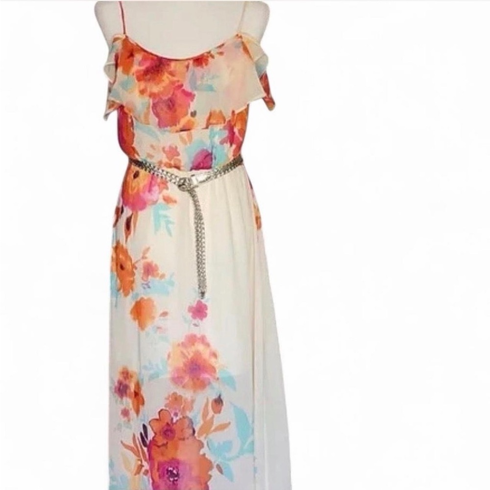 Bisou Bisou White Maxi Dress with Pink & Orange Floral Print